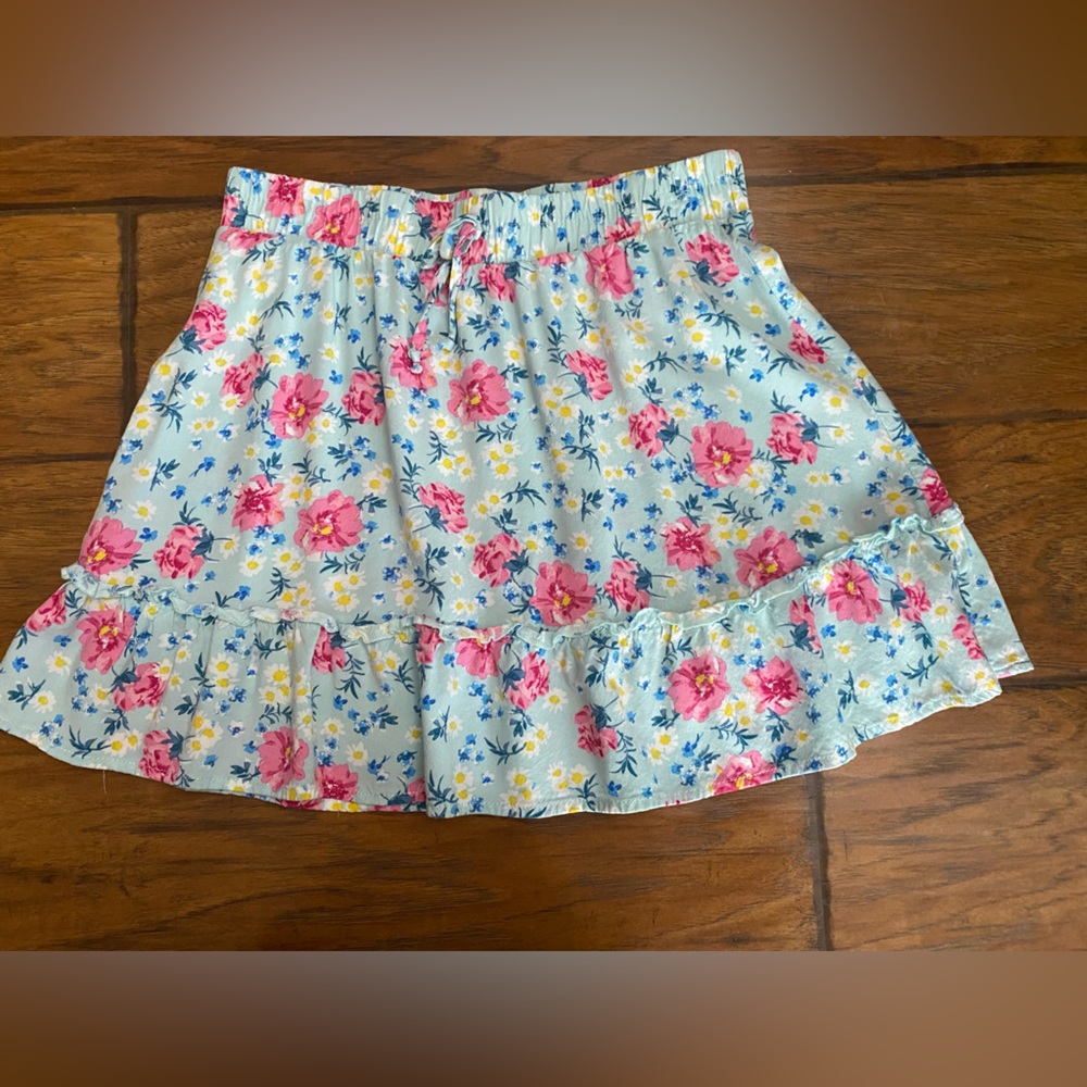 Girls Size Large Blue Floral Skirt with Pink and Blue Flowers